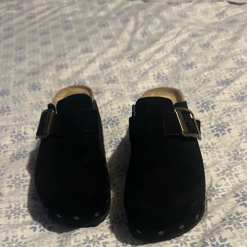 Women's Black Suede Platform Clogs with Gold Buckle